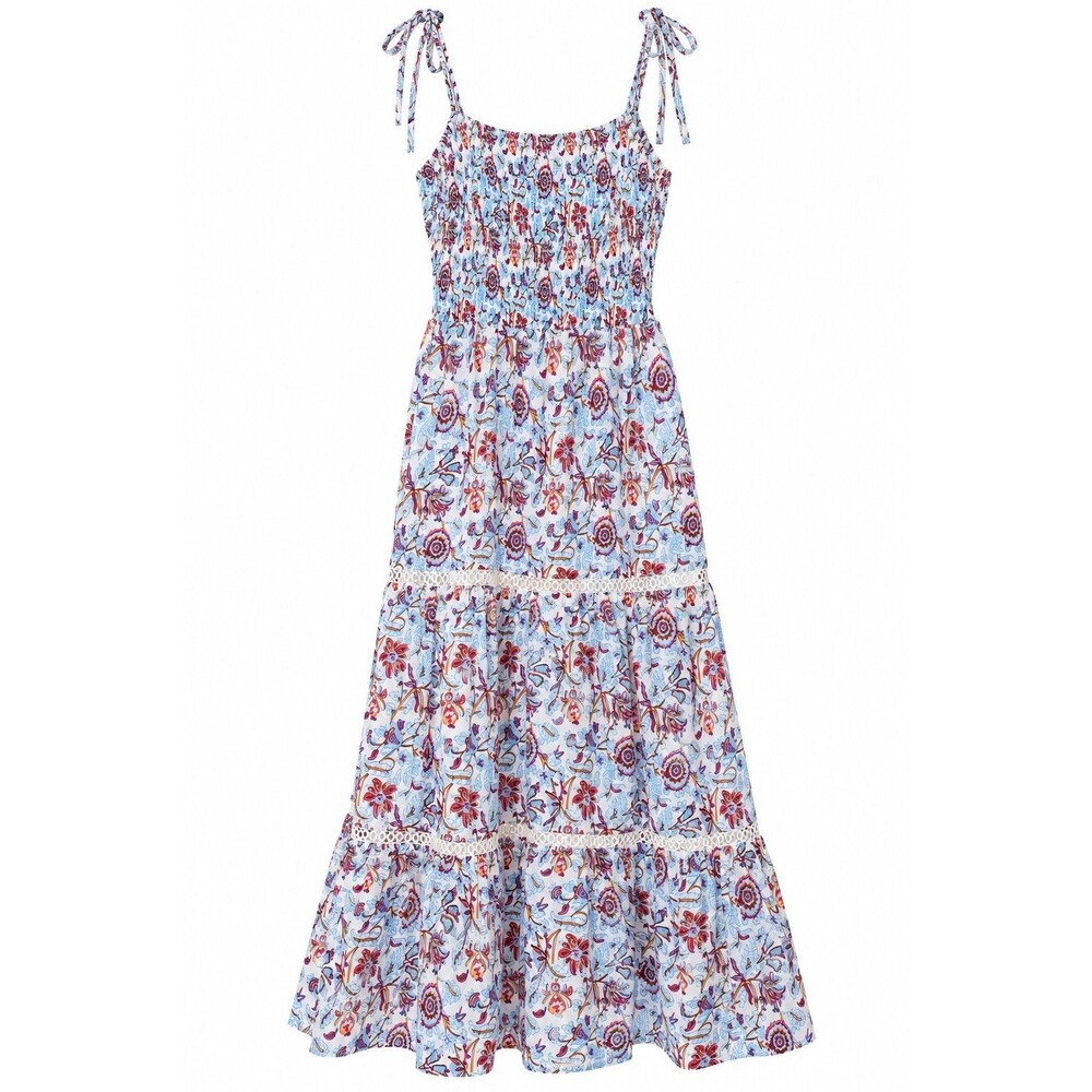 Roller Rabbit Blue Floral Smocked Midi Dress Tie Strap Boho Cottagecore XL